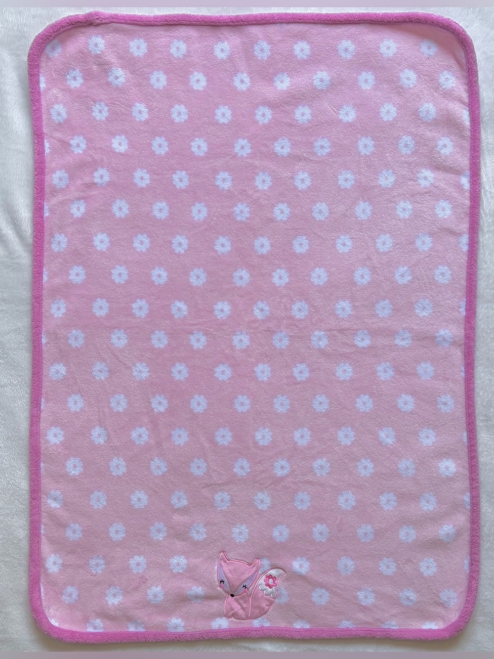 Girls Pink & White Plush Baby Blanket - Floral Print Fox Infant Blanket 30”x40”